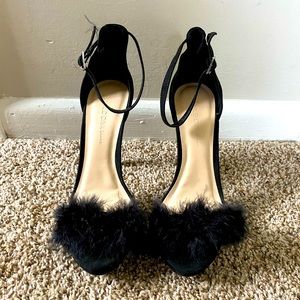 Black Feathered Open Toe Sandel Heels
